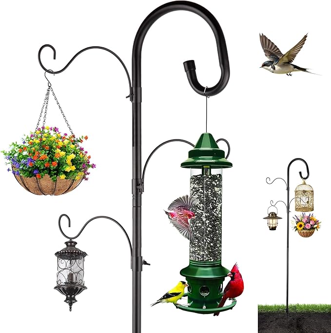 4-Hook Shepards Hooks for Outdoor,Adjustable 92 Inch Bird Feeder Pole with 5 Base Prongs,Garden Planter Stakes Suitable for Garden in Hanging Flower Basket,Lantern,Outdoor Décor