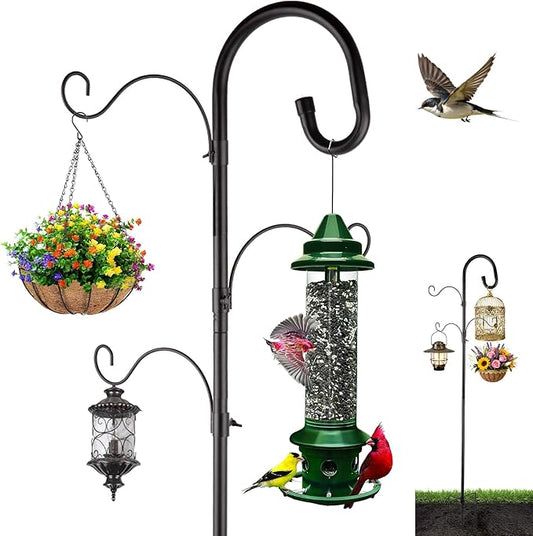 4-Hook Shepards Hooks for Outdoor,Adjustable 92 Inch Bird Feeder Pole with 5 Base Prongs,Garden Planter Stakes Suitable for Garden in Hanging Flower Basket,Lantern,Outdoor Décor