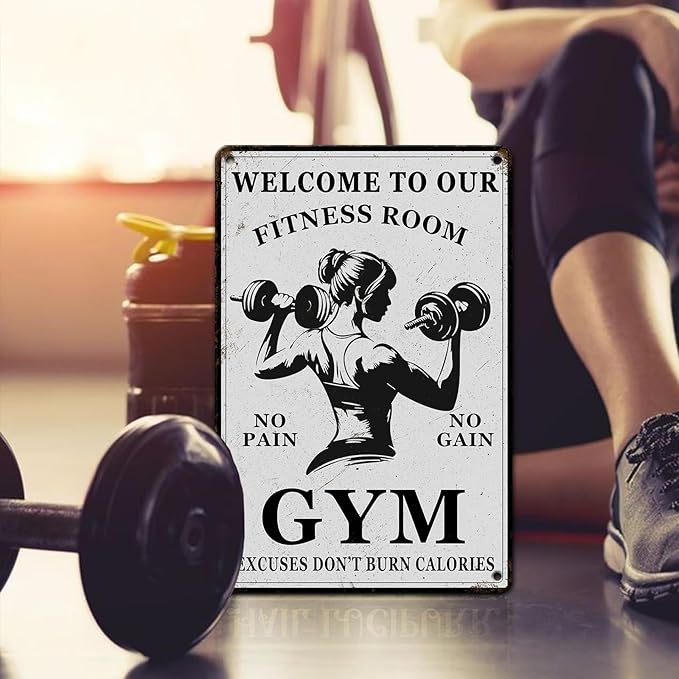 PEACHGARDEN Girl Gym Metal Tin Sign Welcome to Our Fitness Room Wall Art for Home Gym Weight Lifting Decor & Man Cave Workout Poster Motivational Wall Decor 8x12inch