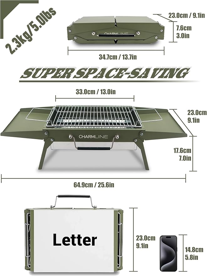 Charmline 14x9 inches Small Portable Charcoal Grill, Christmas Gift for Outdoor Enthusias, Tabletop Charcoal Grills for Camping, Picnics, Gardens and Beach Parties, Green