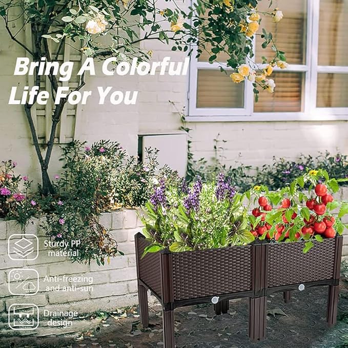 Raised Garden Bed with Legs Plastic Elevated Planters for Outdoor Plants Box Kits for Garden Patio Deck Balcony with Drainage Holes to Planting Flowers,Vegetables,Tomato and Herbs