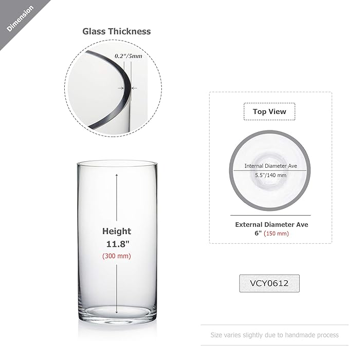 WGV Cylinder Glass Vase, Width 6", Height 12", [Different Heights Available] Clear Container Terrarium for Wedding Centerpiece, Party Event, Home Decor, 1 Piece