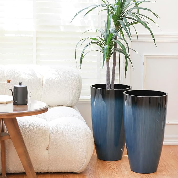 Plant Pots Large Plastic Planters 2Pack Glossy Blue Outdoor Tall Planter Plant Containers for Garden,Patio,Porch,Front Door,Backyard,Corner Decor Planters For Plants With Drainage Hole & Insert Shelf