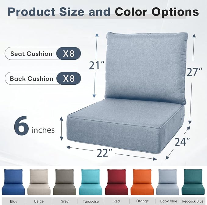 Belord Luxury 6" Thick Outdoor Cushion 8 Set - 22 x24 Inch 28D Sponge Filling Fade-Resistant Chair Cushion, Spill Proof Removable Patio Furniture Replacement Cushion for Sofa Bench Swing - Baby Blue