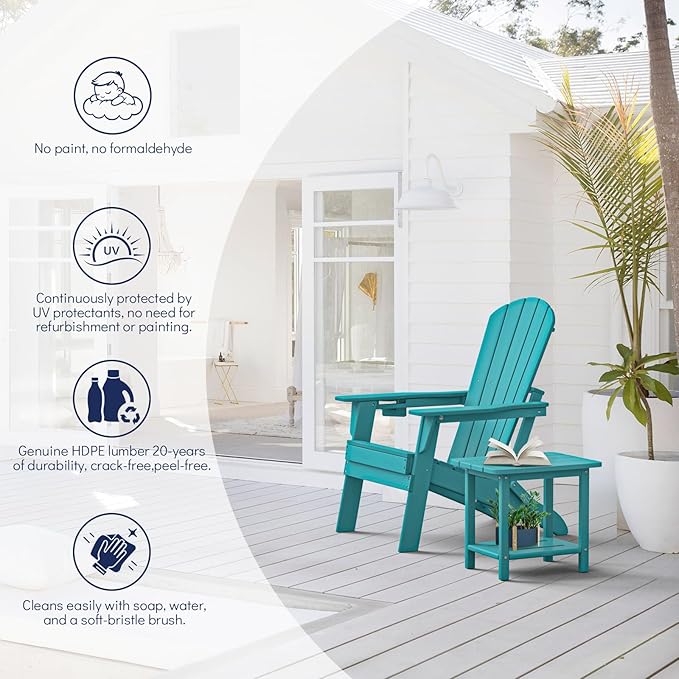 Plawdlik Folding Adirondack Chair Set of 6 with Cup Holder，Wooden Textured ，Heavy All-Weather HDPE Comfortable Set Poolside Backyard Lawn, Aruba Blue