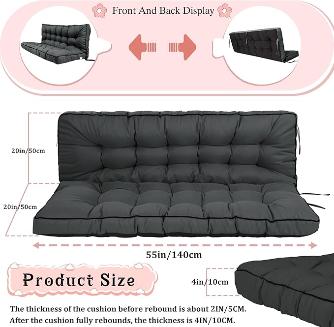 2-3 Seat Swing Replacement Cushion, Outdoor Bench Cushions with Backrest Thicken 4", Patio Furniture Garden Porch Loveseat Glider Pad Anti-Fading Waterproof (Dark Grey, 40x55in)