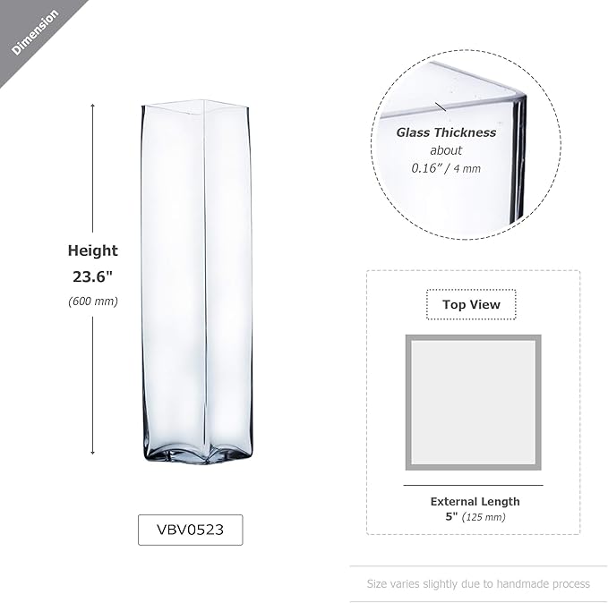WGV Tall Square Vase Glass Block, Length 5", Height 23.5", Clear Large Floral Plant Container, Fish Tank, Planter Terrarium for Wedding Party Event, Home Office Decor, 1 Piece