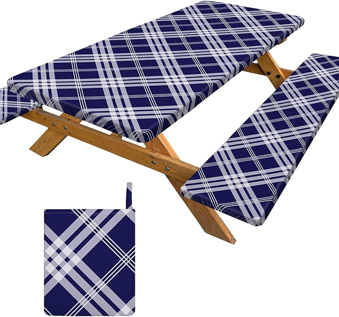 pickyNproud Picnic Table Cover with Bench Covers Portable Table Cloth Built-in Storage Pocket Picnic Table Covers with Elastic Waterproof Camping Essentials for RV Camping