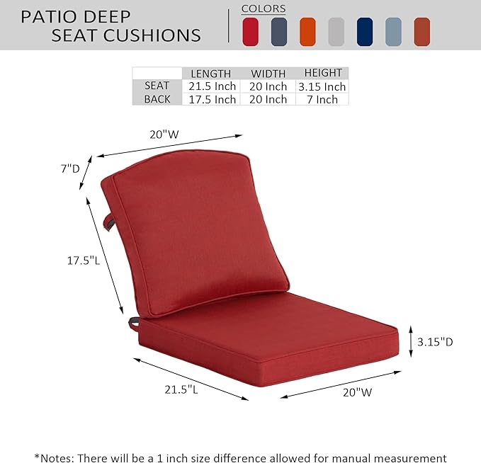 20"x21.5" Outdoor Deep Seat Patio Cushions Set of 1, Outdoor Chair Cushions Bottom Resilient Foam Filling Water-Resistant UV Resistant Weather Resistant with YKK Zippers,Chili