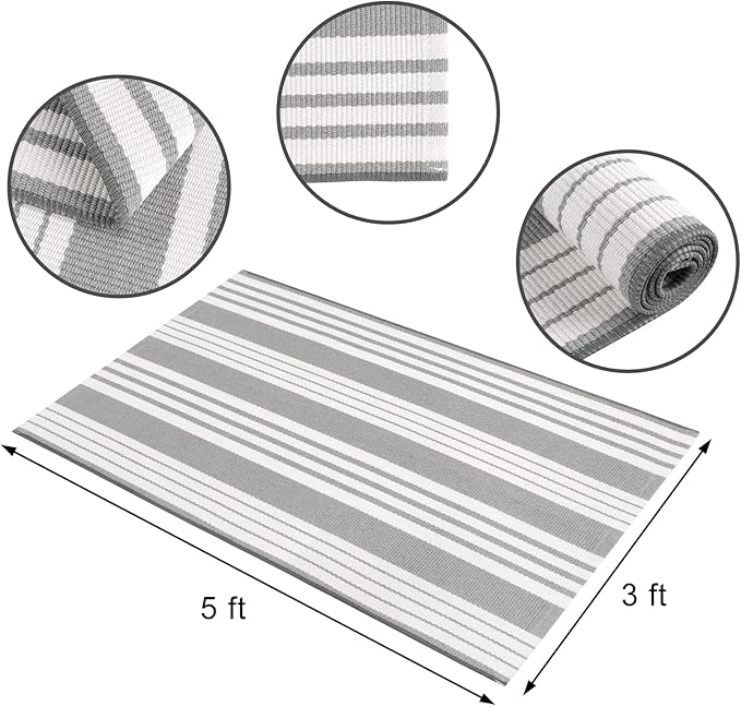 OJIA Entryway Rug 3'x5' Cotton Hand Woven Front Door Mat Outdoor Doormat Machine Washable Outdoor Rugs Grey and White Striped Entry Rug Porch Rugs for Farmhouse/Bedroom/Home Entrance Decor