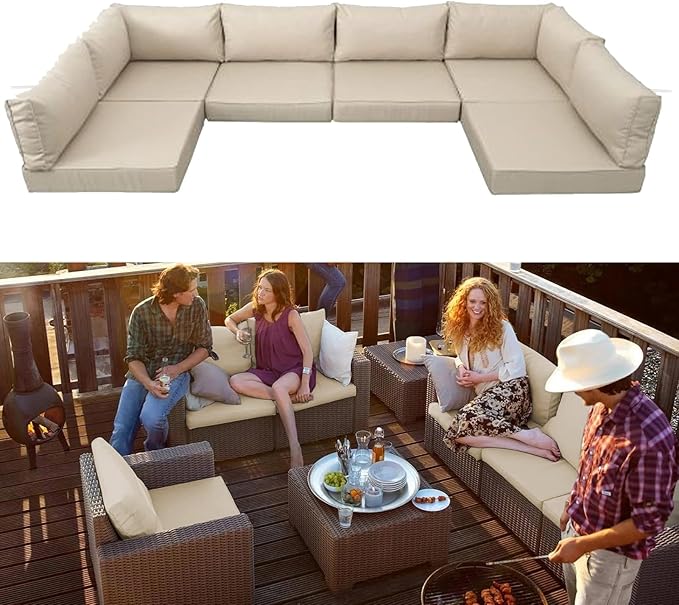 Outdoor Sectional Cushions Replacement Set, 26x26in Patio Furniture Cushions, 14 Pieces Waterproof Outdoor Couch Cushion for 6 Seat Wicker Conversation (Khaki 15" Height)