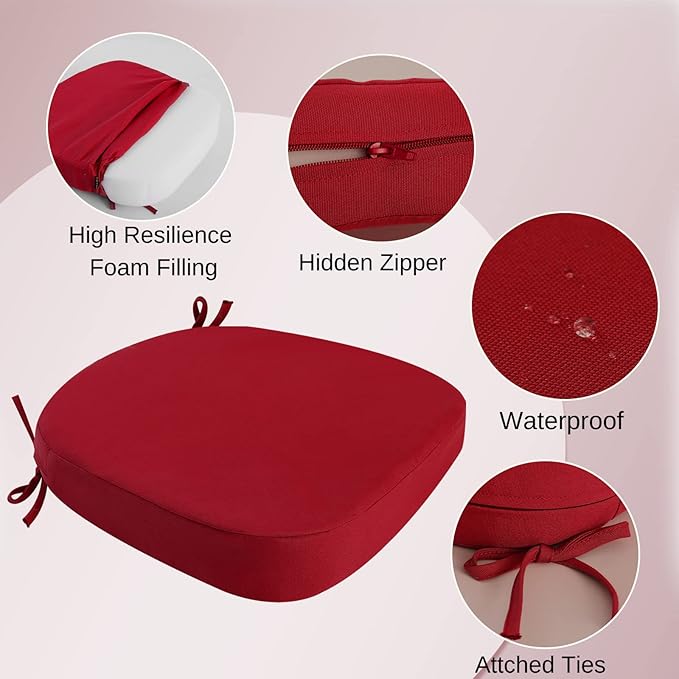 idee-home Outdoor Chair Cushions Set of 4, 17" x 17" x 3" Thick D-Shaped Patio Furniture Outdoor Seat Cushions Waterproof with Ties, Dining Pads