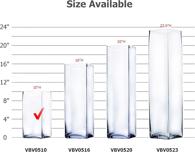 WGV Tall Square Vase Glass Block, Length 5", Height 10", Clear Large Floral Plant Container, Fish Tank, Planter Terrarium for Wedding Party Event, Home Office Decor, 1 Piece