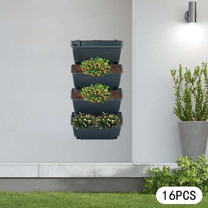 Eapmic Vertical Wall Planter with 16 Pots, Hanging Garden Plant Flowerpot Holder, Stackable Wall-Mounted Planter, Balcony Planters for Flowers Vegetables Fruits (Army Green, 16 Pots)