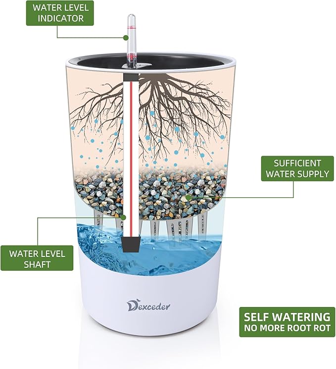 Dexceder 16x12 Tall Self Watering Planter High Cylinder Indoor Outdoor, Thickened Large Floor Standing Flower Plant Pot with Water Level Indicator (White Matte)