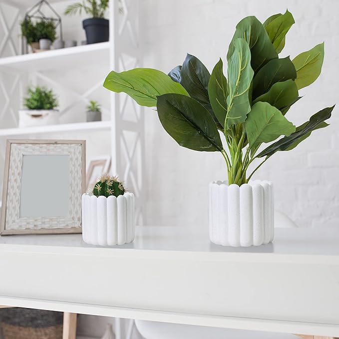 Olly & Rose Vertical Striped Ribbed Plant Pots - Charcoal Speckled White Planters - 6.5" and 5.3" Diameter Flower Pots for Indoors and Outdoors (White Ribbed)