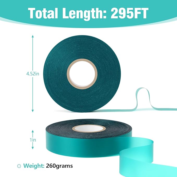 300FT Stretch Tie Tape Roll, 1'' Plant Tape Green Stretch Garden Tie, Thick Sturdy Tree Nursery Tapes Vinyl Stake Ribbon Support for Indoor Outdoor Patio Plant, Tree, Vegetables, Branches