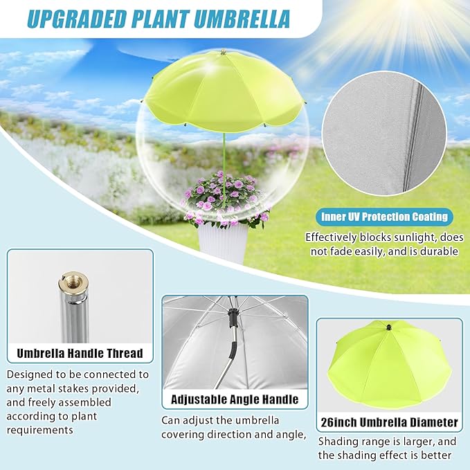 2 Pack Upgraded Plant Umbrellas for Outdoor Plants, 26" Larger Garden Plant Umbrella Shade with Adjustable Angle, 43.4" Higher Sun Shade for Plants, Potted Plant, Garden Beds (Green, Orange)