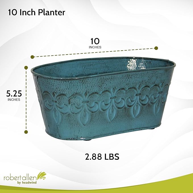 Headwind Ironlite Fleur De Lis Collection – 10" Surf Blue Oval Decorative Planter with Drain Plug – Lightweight Metal Garden Pots for Indoor & Outdoor Planters Use by Robert Allen