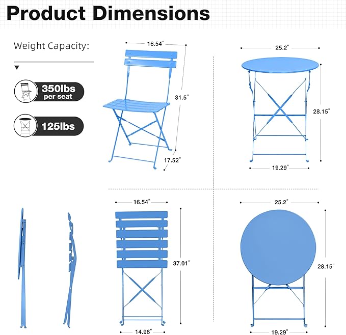 3 Piece Bistro Set, Folding Patio Furniture Set, Outdoor Table and Chairs Set for Patio, Garden, Balcony and Poolside, Blue