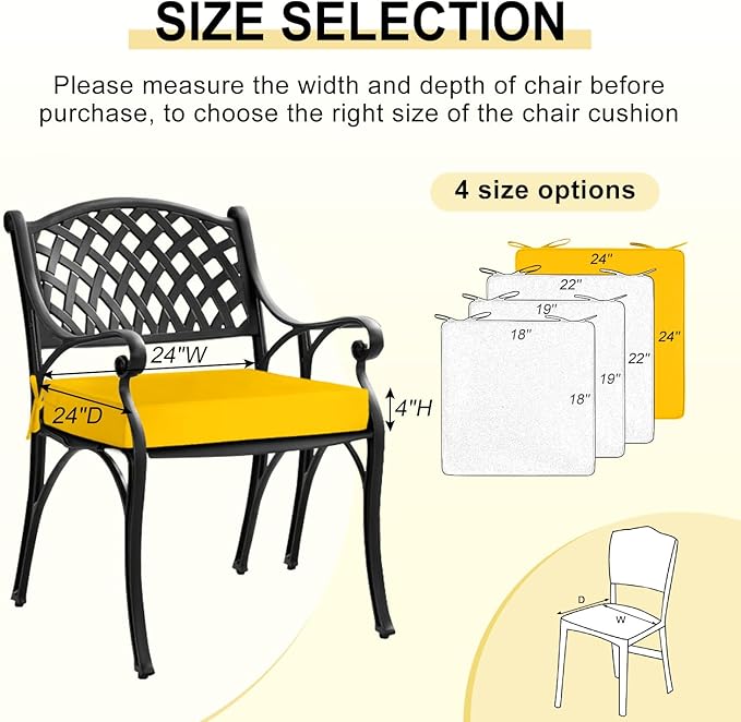 downluxe Waterproof Outdoor Chair Cushions for Patio Furniture, 24" x 24" x 4" Patio Chair Cushion with Adjustable Ties & Portable Handle, Square Outdoor Cushion with Removable Cover, Yellow, 2 Pack