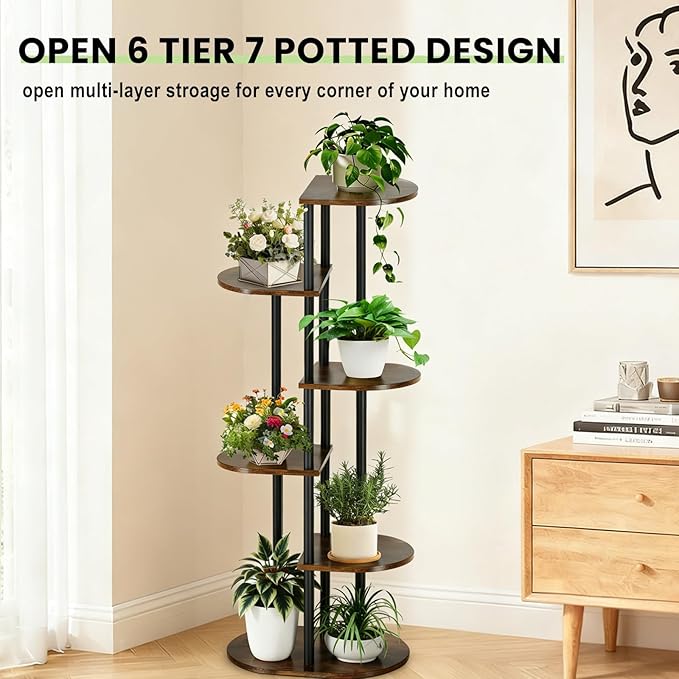 Tiered Plant Stand Indoor, Tall 6 Tier 7 Potted Wooden Plant Shelf for Multiple Plants, Multi Plant Holder Indoor for Patio Garden Patent Design Living Room Bedroom, Rustic Brown