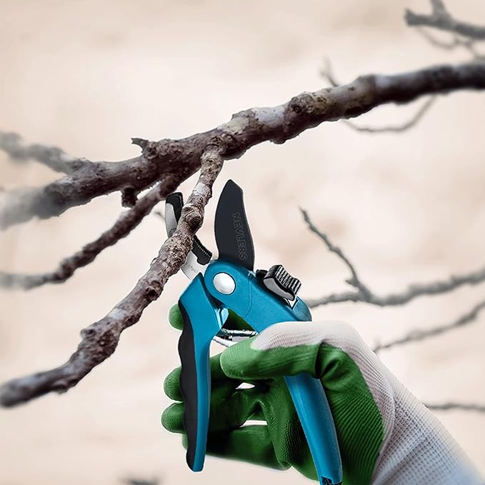 Nevlers 8" Blue Anvil Pruning Shears Heavy Duty | Hand Pruners for Gardening w/Steel Blades, Safety Lock & Ergonomic Handles | 8mm Cut Cap Plant Shears & Branch Cutter for Dead Stems & Small Branches