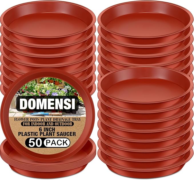 Domensi 50 Pcs Plastic Plant Saucer Bulk Plant Trays for Pots Sturdy Red Drip Trays for Flower Pots Drainage Tray for Indoor and Outdoor Water Drip (6 Inches)