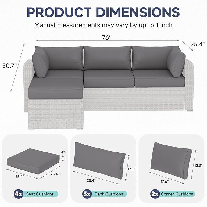 HOMREST Outdoor Replacement Cushions for Patio Furniture,Water-Repellent Sofa Cushion for 4-Seat Rattan Wicker Sectional Patio Conversation Sets,9-Piece Cushions Set for Outdoor Couch,Gray