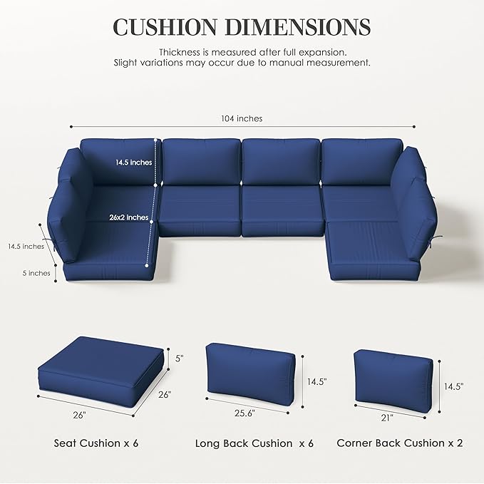 Outdoor Replacement Cushions for Patio Furniture, 5" Foam High-Density, 14-Piece Water-Resistant Outdoor Cushion for 6-Seat Sectional Patio Conversation Sets, Liner&Cover