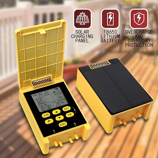 Solar Powered Dual Pump Drip Irrigation Kit,Child Lock 2 Group Automatic Watering System with Rain Sensing Digital Display Screen for Garden Patio Balcony Vacation (for 20 Pot Plants)