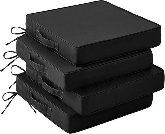 Patio Chair Cushions, 19" x 19" x 3" Outdoor Chair Cushions Set of 4, Waterproof Outdoor Cushions for Patio Furniture, Outdoors Seat Cushions Set of 4 with Handle and Ties, Black
