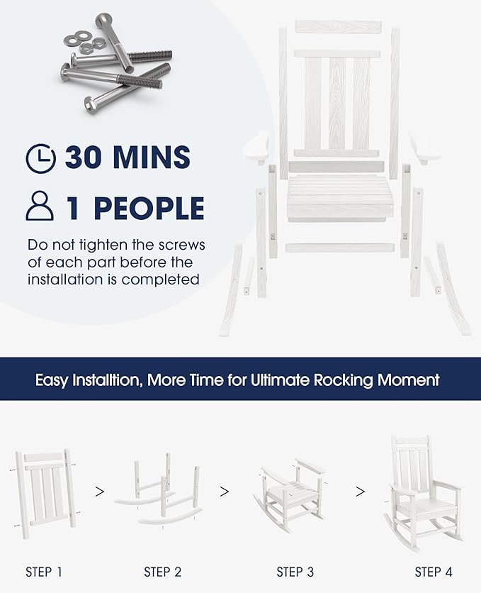 KINGYES Outdoor Rocking Chair, All-Weather Patio Rocking Chairs for Porch, HDPE Rocking Outdoor Chairs with High Back for Adult, Heavy Duty Outdoor Patio Rockers for Garden, Lawn, White