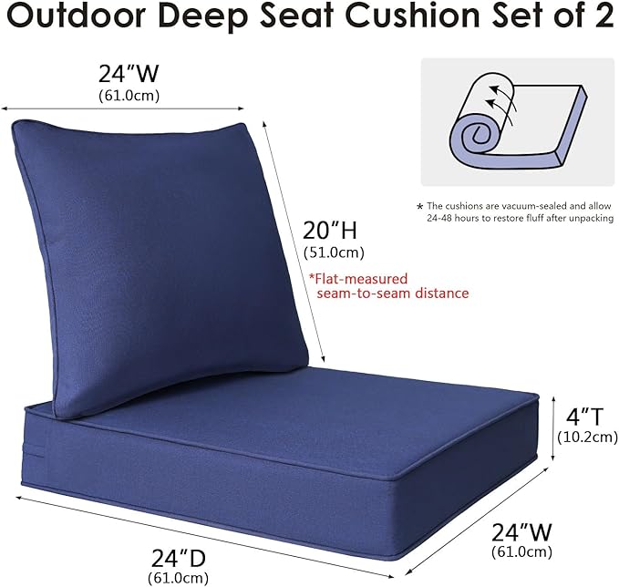 Outdoor Patio Chair Cushions Set, 24" x 24", Set of 2, Water-Repellent, Fade Resistant, Deep Seat Bottom and Back Cushion for Backyard, Couch, Sofa and Patio Furniture, Navy