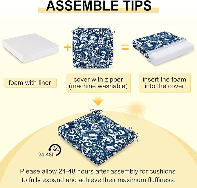downluxe Outdoor Chair Cushions Set of 4, Waterproof 19" x 19" x 3" Patio Chair Cushion with Non-Slip Ties & Handle, Square Outdoor Cushion for Patio Furniture with Removable Cover, Blue Carp