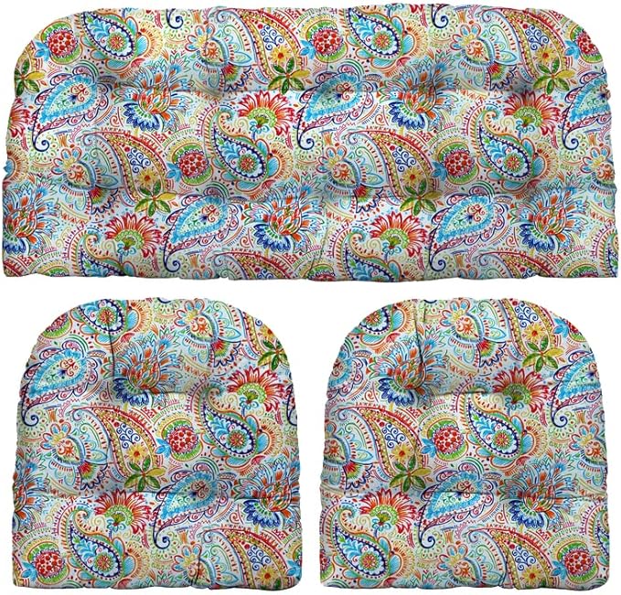 RSH DECOR Indoor Outdoor 3 Piece Tufted Wicker Settee and Chair Cushion Set, All Weather, Water & Fade Resistant Polyester Fabric, 1 Loveseat Cushion 44" x 22" & 2 U-Shape Chair Cushions 22"x 22"