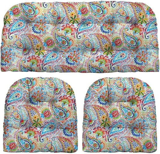 RSH DECOR Indoor Outdoor 3 Piece Tufted Wicker Settee and Chair Cushion Set, All Weather, Water & Fade Resistant Polyester Fabric, 1 Loveseat Cushion 44" x 22" & 2 U-Shape Chair Cushions 22"x 22"