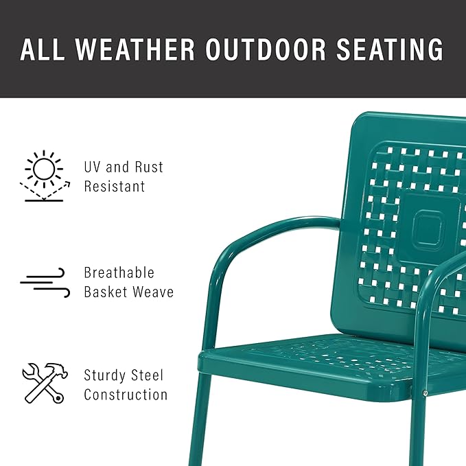 Crosley Furniture Bates 2-Piece Outdoor Chair Set, Retro Metal Patio Chairs for Dining, Porch, Deck, Balcony, Turquoise Gloss