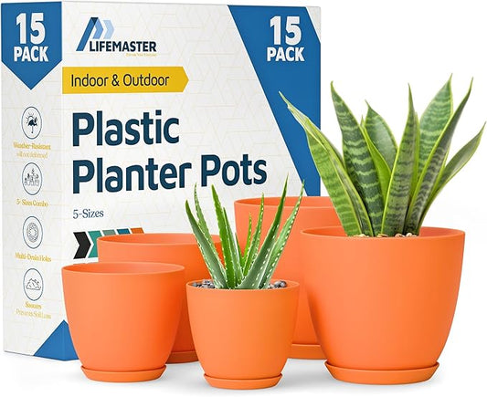 Yellow Plant Pots with Drainage Holes & Saucers 15 Pack, Indoor & Outdoor Stackable Space-Saving Planters for Houseplants & Flowers, (7", 6.7", 6", 5.3", and 4.8" Inches), Durable & Weatherproof