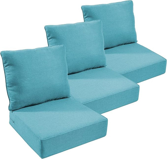 Outdoor Chair Cushions Set of 3, Waterproof 24x24 Patio Chair Cushion, 6" Thickened Seat Cushion for Outdoor Furniture, Couch Cushion Replacement, Include 3 Back & 3 Seat Cushions, Thick/CyanBlue