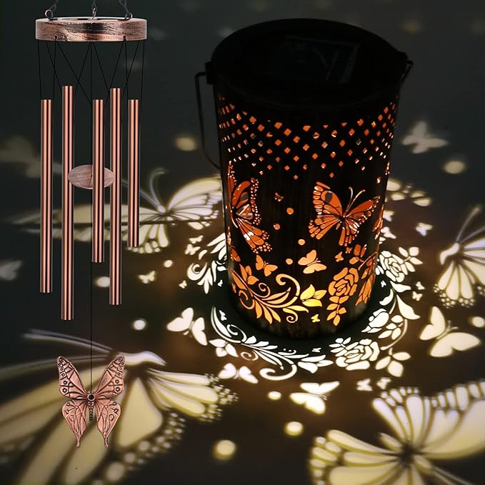 Solar Wind Chimes for Outside for Women Mom, Hanging Solar Lantern Memorial Wind Chimes, Butterfly Gifts Windchimes for Outdoors Christmas Garden Decor
