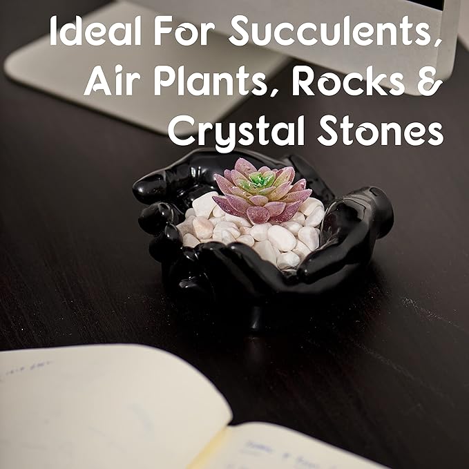 Hand Shaped Succulent Planter Pot - Crystal Display - Air Plant Holder - Giving Hands Sculpture Decor - Key Bowl Ring Dish - Candle Holder (Black)