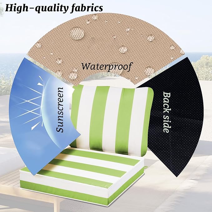 Outdoor Sectional Cushions Replacement Set, 26x26in Patio Furniture Cushions, 14 Pieces Waterproof Outdoor Couch Cushion for 6 Seat Wicker Conversation (Grass Green with White Stripes)