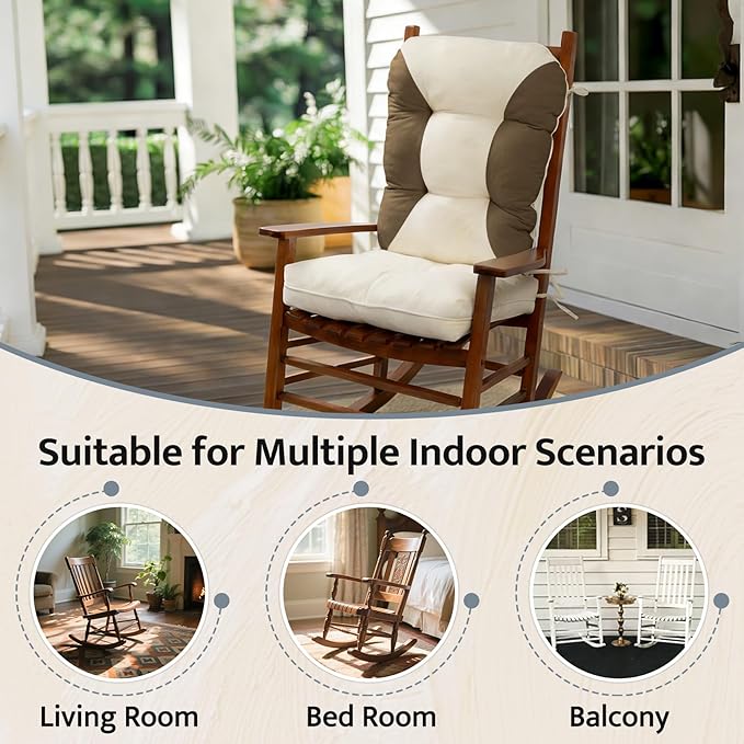 mudilun Rocking Chair Cushion Non-Slip Indoor Adirondack Chair Cushions with Ties Tufted Adirondack Chair Pads for Bedroom Living Room Porch Rocker (Indoor-Brown-White)