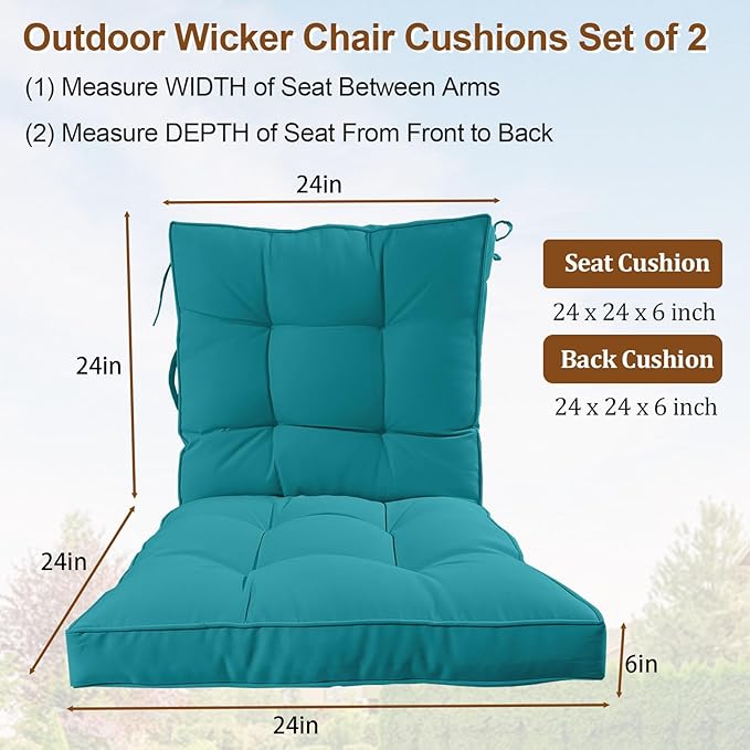 2 Piece Outdoor Patio Chair Cushions, Fade Resistant Outdoor Cushions for Patio Furniture, 6 inch Thickened Rocking Chair Cushions Set (Turquoise, 24x24x6 inch - 2 Pieces)