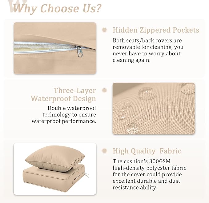 Outdoor Patio Chair Cushions Set 24 L X 24 W X 5 H Waterproof & Fade Resistant Deep Seat and Back Cushions with Removable Covers Outdoor Seat Cushion Set for Chairs and Sofas