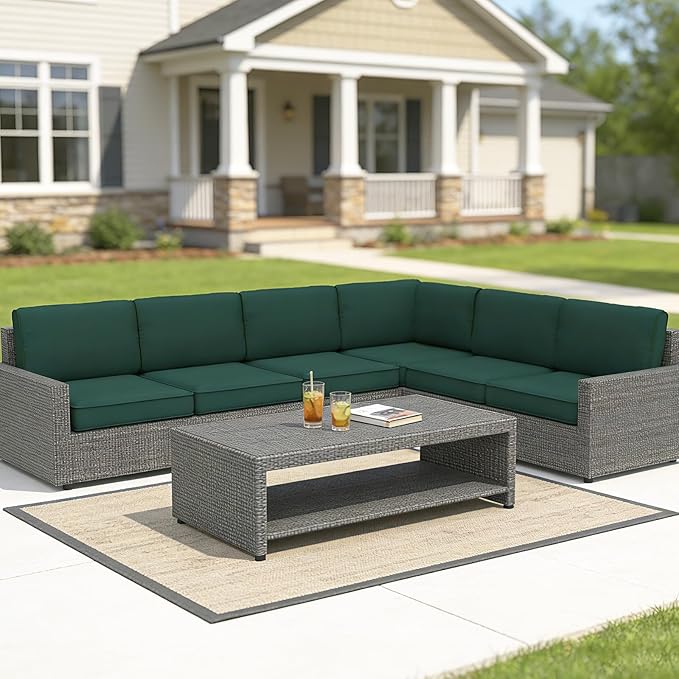 14 Pcs Outdoor Replacement Cushions for Patio Furniture, All Weather Water Resistant Cushion for 6 Seat Rattan Wicker Sectional Patio Conversation Sets and Couch (Dark Green)
