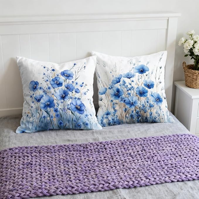 Blue Flower Pillow Covers 18x18 inch Set of 4, Modern Minimalist Botanical Decorative Throw Pillow Cases Holiday Decorations for Sofa Couch Farmhouse Home