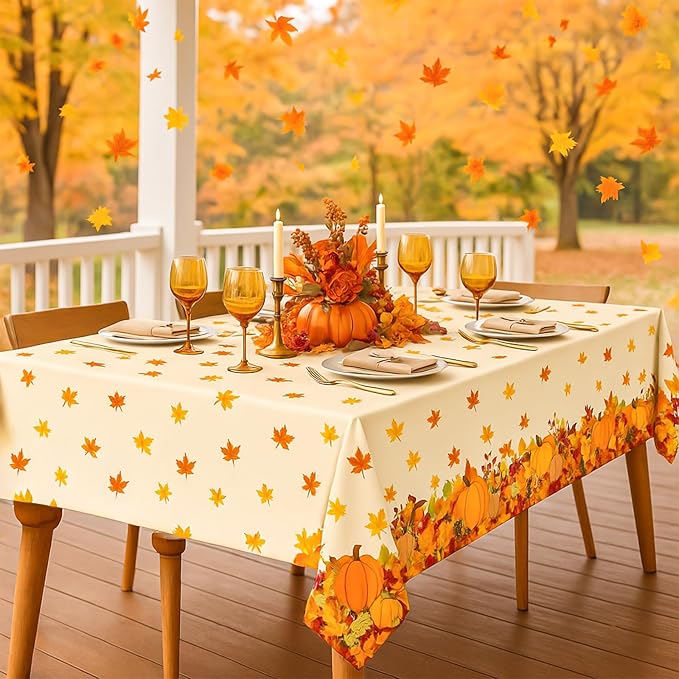 3 Pieces Fall Pumpkin Tablecloth – 54x108 Inch Disposable Thanksgiving Plastic Table Cover with Autumn Leaves and Harvest Design for Fall Party, Friendsgiving, and Seasonal Dinner Decorations