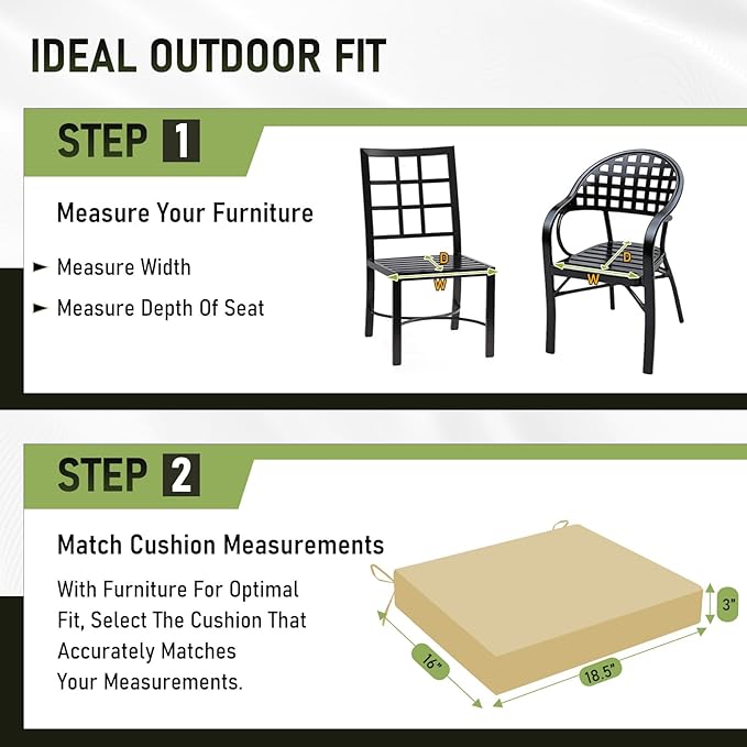 Basic Beyond Outdoor Chair Cushions Set of 2, Square Corner Outdoor Cushions for Patio Furniture, Water Resistant Patio Chair Cushions with 2 Ties, 18.5x16x3, Khaki